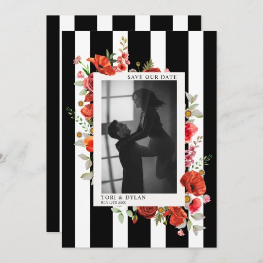 Wildbloemen Stripe Weddenschap Foto slaat de datum Save The Date (Voorkant / Achterkant)