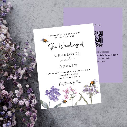 Wildbloemen violette QR budget bruiloft uitnodigin