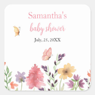 wildbloemen vlinders tuinroze baby shower vierkante sticker