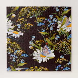 Wildbloemen: zwarte achtergrond waterverf legpuzzel
