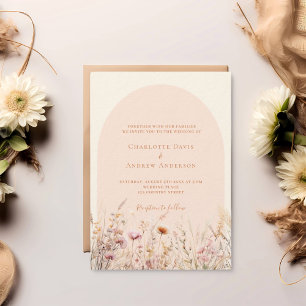 Wildbloemperzik beige boog QR RSVP luxe bruiloft Kaart