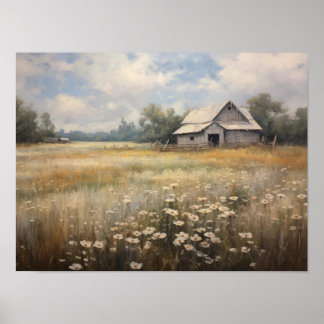 Wildbloemveld Landschap Olieverfschilderij Poster