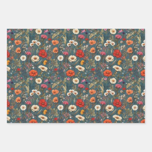 Wildbloemweide witte, groene, blauwe achtergrond inpakpapier vel (Voorkant 2)