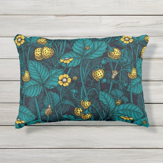 Wilde aardbeien, geel en blauw buitenkussen (Voorkant)