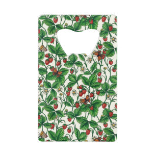 Wilde aardbeien op gebroken wit kredietkaart flessenopener