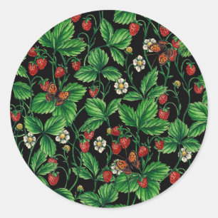 Wilde aardbeien op zwart ronde sticker