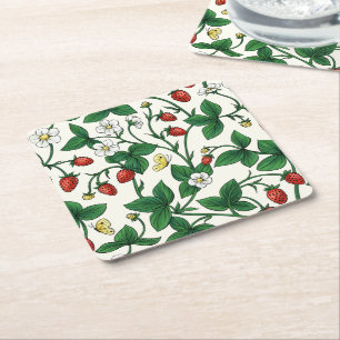 Wilde aardbeien rood/geel/groen/off white vierkante kartonnen onderzetter