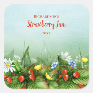 Wilde aardbeienveld homemade jam jam jelly bewaart vierkante sticker
