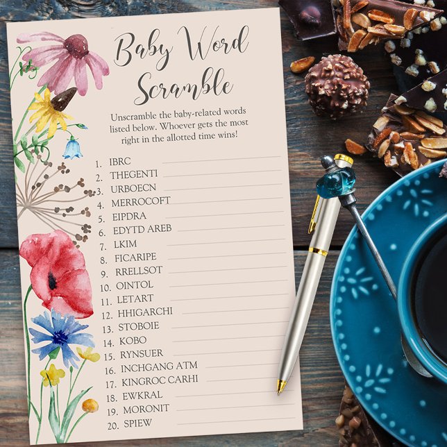 Wilde Baby shower Baby Word Scramble Game (Baby Word Scramble Baby Shower Game from my Wildflower Charm collection)