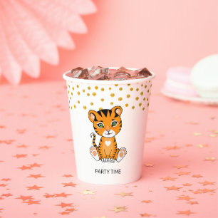 Wilde baby tijger cartoon & gouden confetti feest papieren bekers