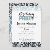 Wilde Blauwe Zwarte Zebra Verjaardag Glitter Feest Kaart (Voorkant / Achterkant)