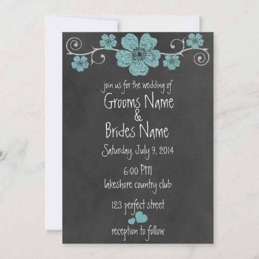 Wilde Blauwgroen Rozen Chalkboard Wedding Uitnodig Kaart (Voorkant)