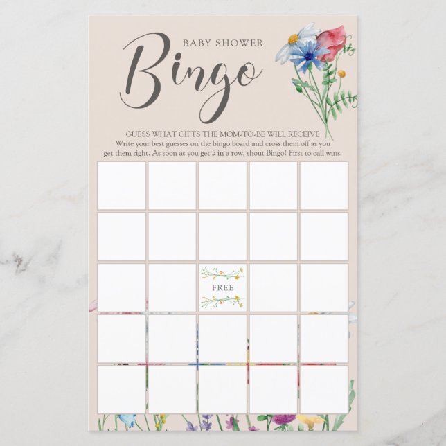 Wilde bloem Baby shower Bingo Game (Voorkant)