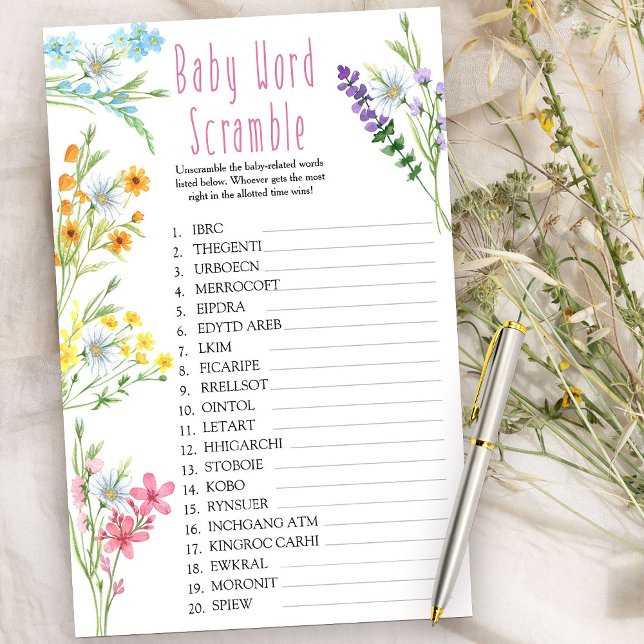 Wilde bloem Baby Word Scramble Showgame (Baby Shower Game - Baby Word Scramble - from my Wildflower Meadow collection)