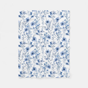 Wilde bloem blauw wit waterverf bloemmotief fleece deken