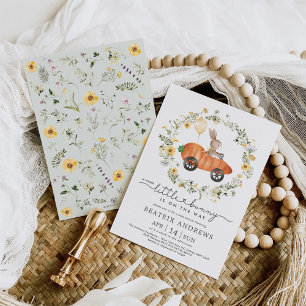 Wilde bloem Bunny Riding a Carrot Car Baby shower Kaart