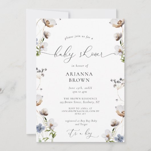 Wilde bloem Calligrafie Baby shower Uitnodiging (Voorkant)