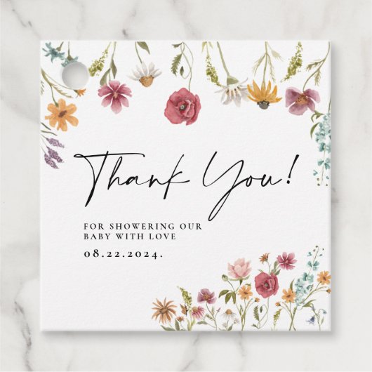 Wilde bloem Dank je Baby shower Gift Labels (Voorkant)