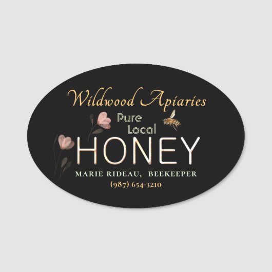Wilde bloem en honingbij Imker-tag op zwart Naamplaatje (Voorkant)