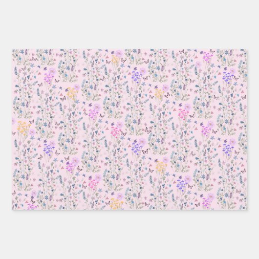 Wilde bloem en vlinders bloementuin roze inpakpapier vel (Voorkant)
