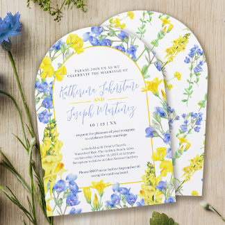 Wilde bloem geel blauw aquarel boog bruiloft kaart