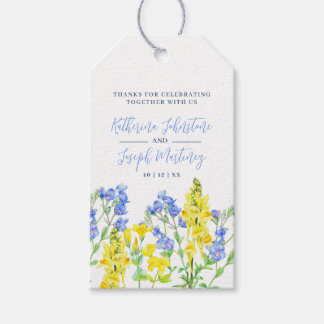 Wilde bloem geel blauw aquarel botanische trouw cadeaulabel