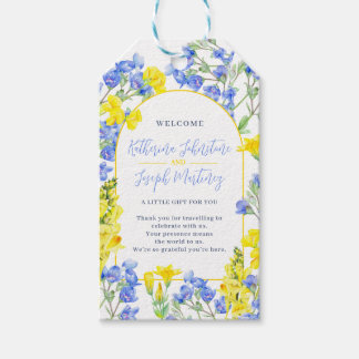 Wilde bloem geel blauw aquarel welkom bruiloft cadeaulabel