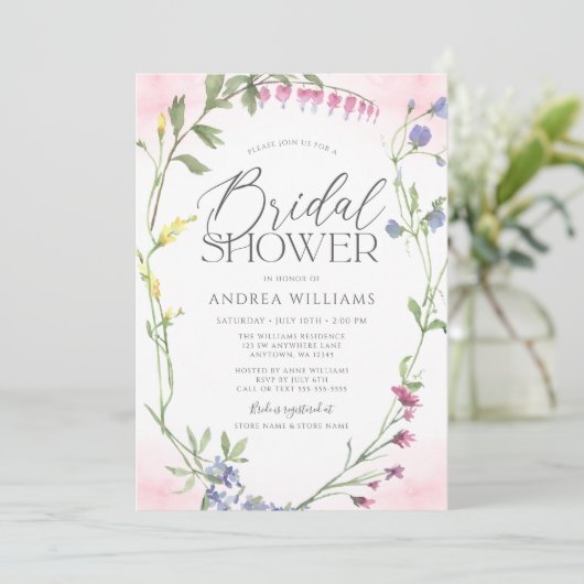 Wilde bloem met roze Waterverf Vrijgezellenfeest Kaart (Staand voorkant)