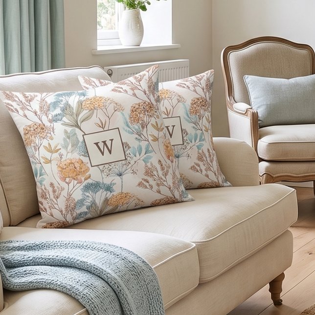 Wilde Bloem Monogram Botanisch Kussen (Creator heeft geüpload)