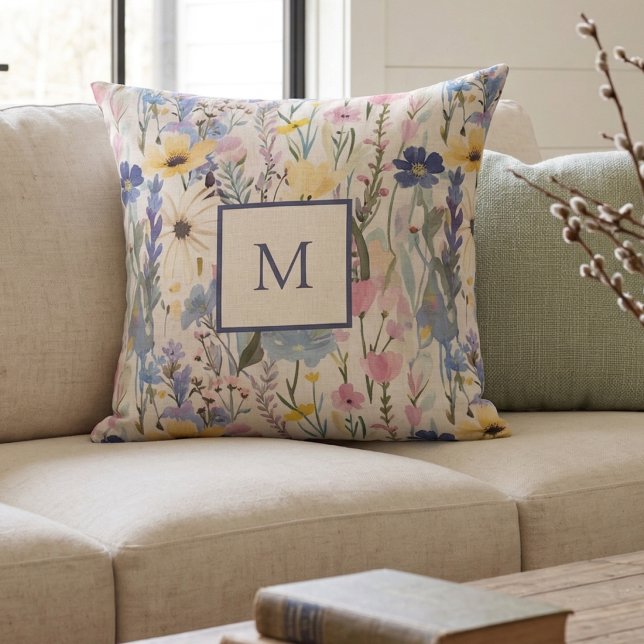 Wilde Bloem Monogram Botanisch Kussen (Creator heeft geüpload)
