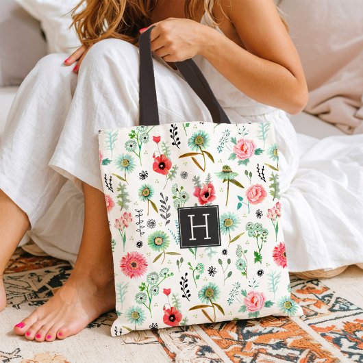 Wilde bloem motief monogram botanische markt boods draagtas