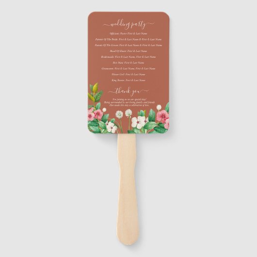 Wilde bloem Periwinkle Burnt Oranje Weddenprogramm Handwaaier (Achterkant)