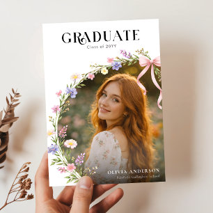 Wilde bloem Roze Strik Afstudeerfeest Foto Uitnodi Briefkaart