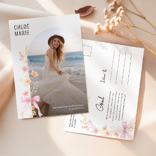Wilde bloem Roze Strik Foto Afstudeeraankondiging Briefkaart