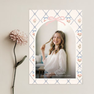 Wilde bloem Roze Strik Foto Afstudeeraankondiging Briefkaart