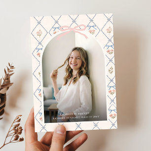 Wilde Bloem Roze Strik Foto Afstudeerfeest Uitnodi Briefkaart