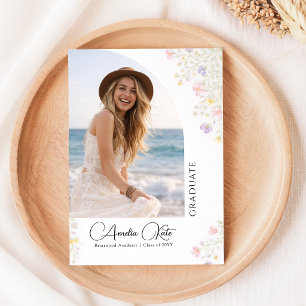 Wilde bloem Roze Strik Foto Afstudeeruitnodiging Briefkaart