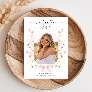 Wilde bloem Roze Strik Foto Afstudeeruitnodiging Briefkaart