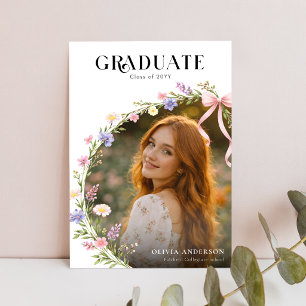 Wilde bloem Roze Strik Foto Afstudeeruitnodiging Briefkaart