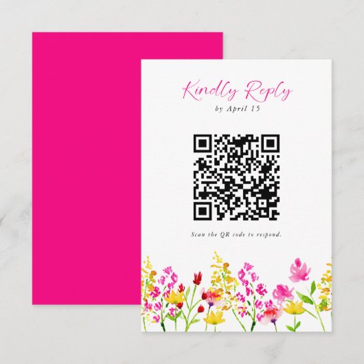 Wilde bloem RSVP QR Code Floral Script Kaartje (Voorkant / Achterkant)