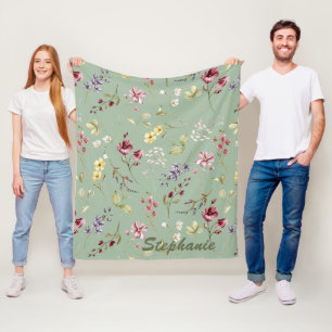 Wilde Bloem Salie Groene Aangepaste Naam Bruidsmei Fleece Deken
