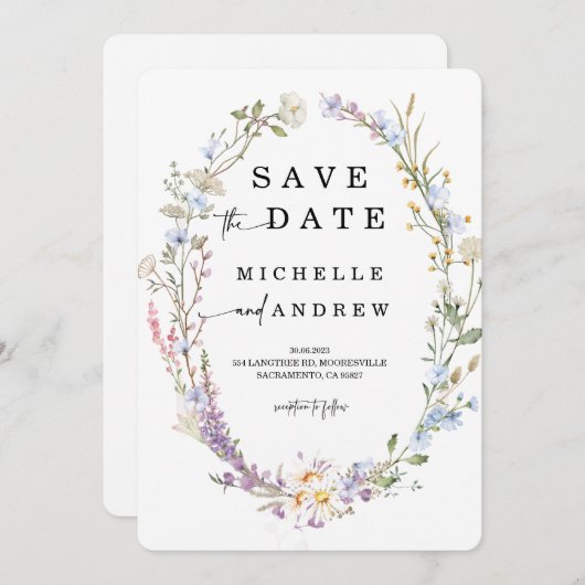 Wilde bloem Sparen de datum sjabloon Kaart (Voorkant / Achterkant)