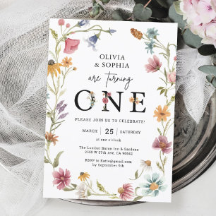 Wilde bloem Theme 1st Twins Birthday Party Kaart