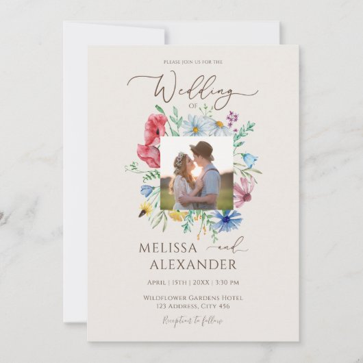 Wilde bloem tuinbloem met beige bruiloft kaart (Voorkant)