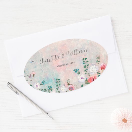 Wilde bloem Waterverf Blush Pink Weddenschap Ovale Sticker (Envelop)