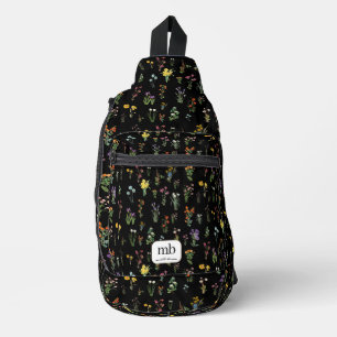 Wilde Bloem Waterverf Zwart Botanisch Bloemstuk Sling Bag