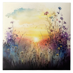 Wilde bloem Zonsondergang Aquarel Kunstwerk Tegeltje