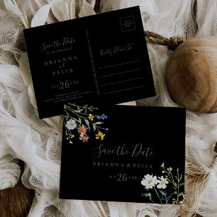 Wilde bloem Zwarte Horizontale Save the Date Briefkaart