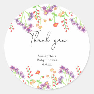 Wilde bloemen bedanken je baby shower ronde sticker