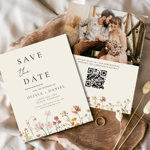Wilde Bloemen Beige Foto QR Code Bewaar de Datum
